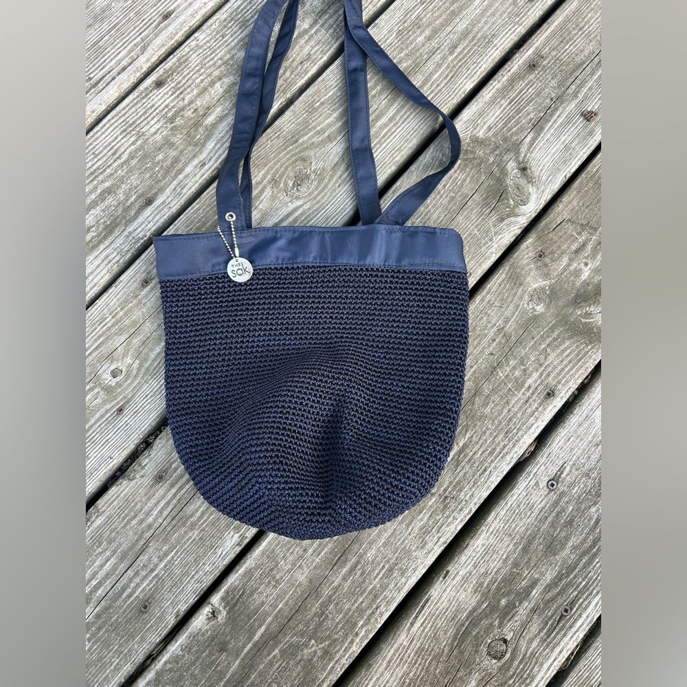 The SAK Vintage Crochet Knit Black Woven Hobo Shoulder Bag Purse Navy Blue